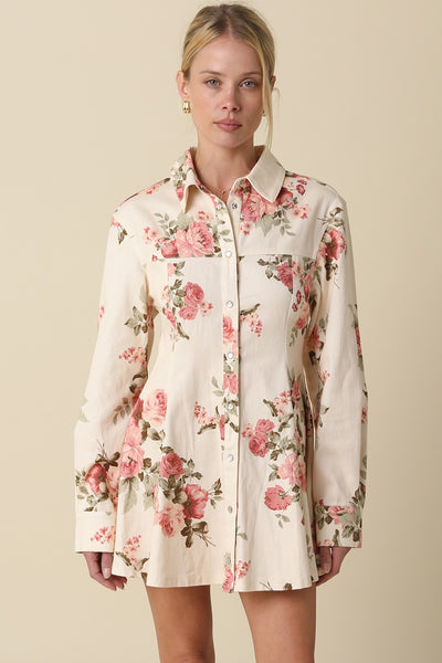 Floral Button A-line Long Sleeve Dress
