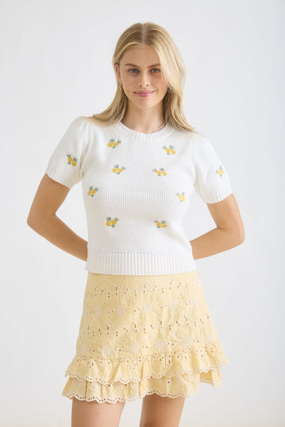 Floral Embroidery Short Sleeve Sweater
