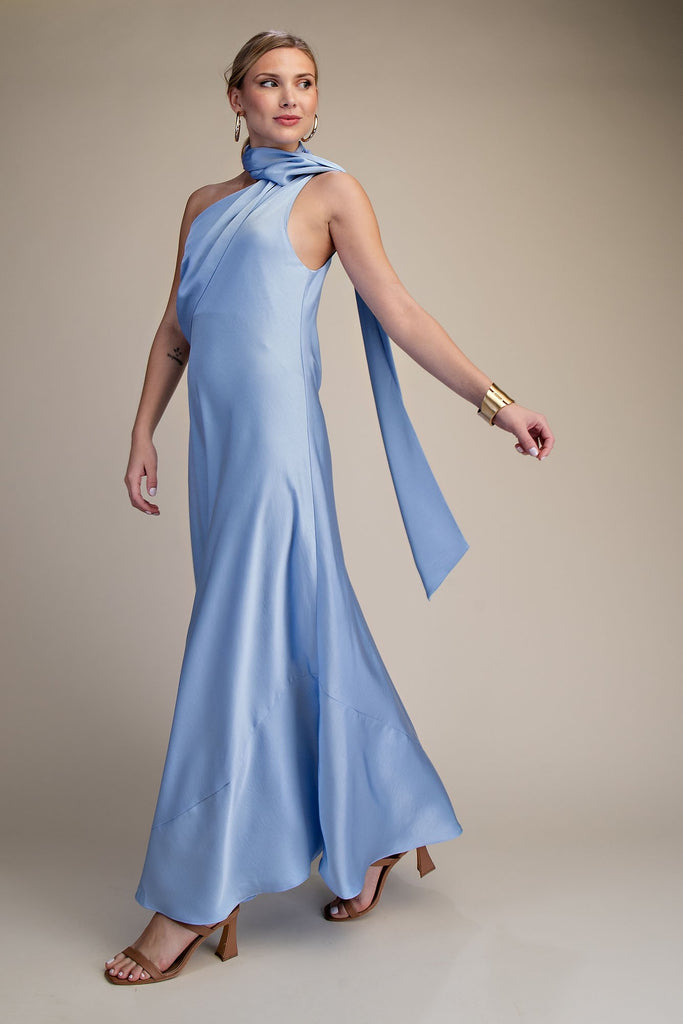 Mock Neck Sleeveless Satin Dress