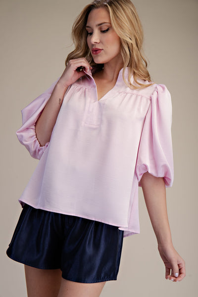 Collar V-neck Bubble Sleeve Poplin Top