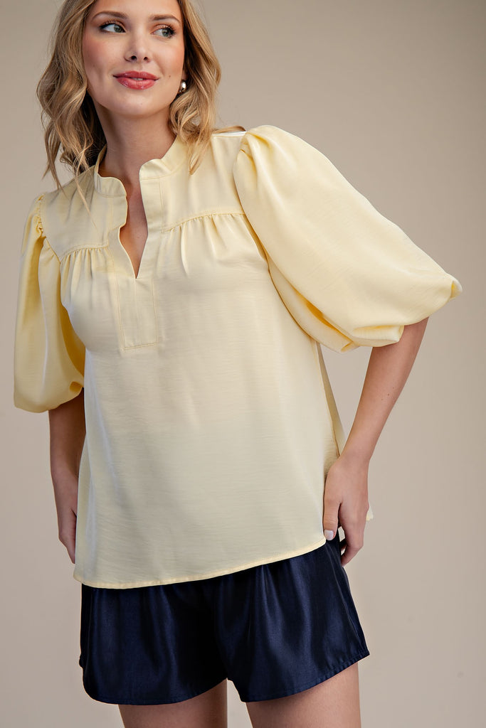 Collar V-neck Bubble Sleeve Poplin Top