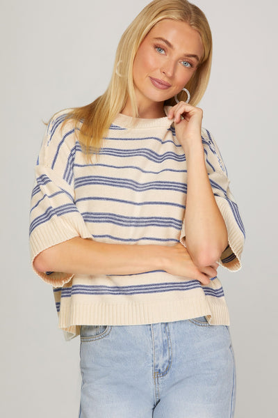 Drop Half Sleeve Striped Sweater Top