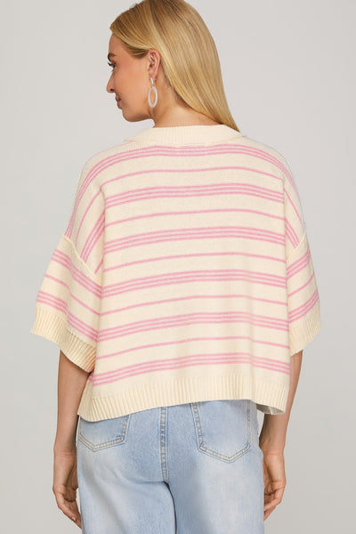 Striped Drop Half Sleeve Knit Sweater Top