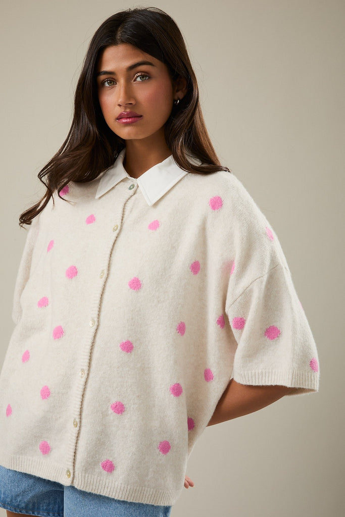 Crew Neck Polka Dot Sweater Cardigan