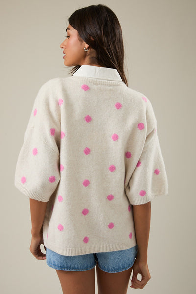 Crew Neck Polka Dot Sweater Cardigan