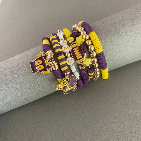 Gameday Purple & Yellow Set of 7 Football Stretch Bracelets