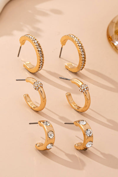 Gold-tone Crystal Huggie Hoop Earrings Trio Set