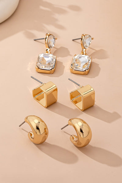 Trio Square Crescent Huggies & Crystal Drops Earrings