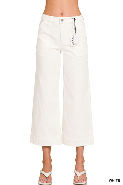 Cropped Wide Leg White Denim Pants