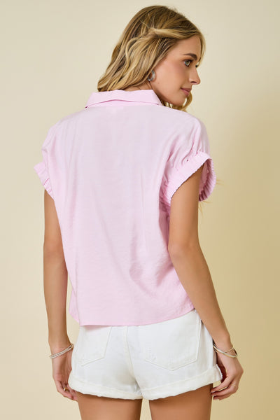 Button Down Shirt Top With Elastic Sleeves Detail