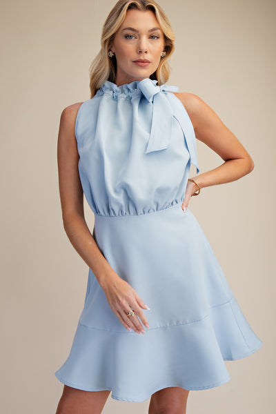 Gathered Neck Bow Tie Mini Dress
