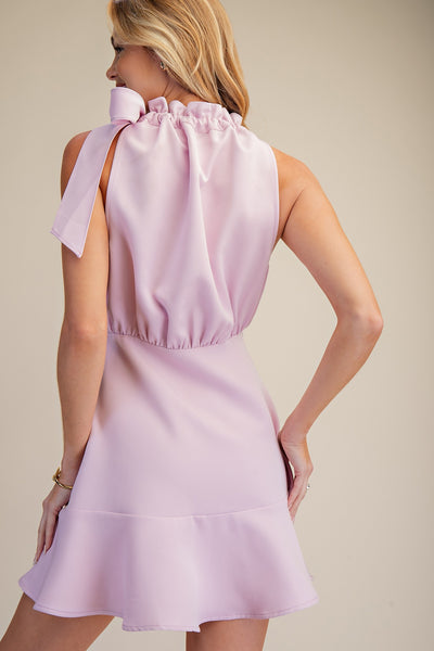 Gathered Neck Bow Tie Mini Dress