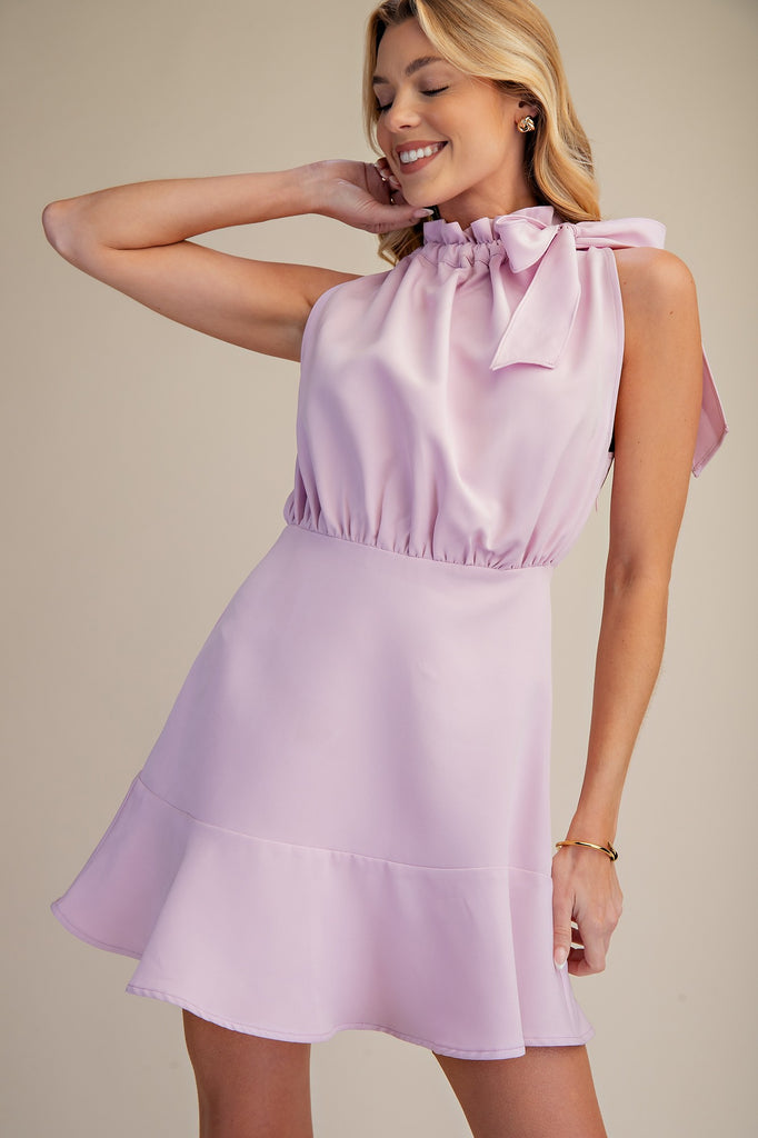 Gathered Neck Bow Tie Mini Dress