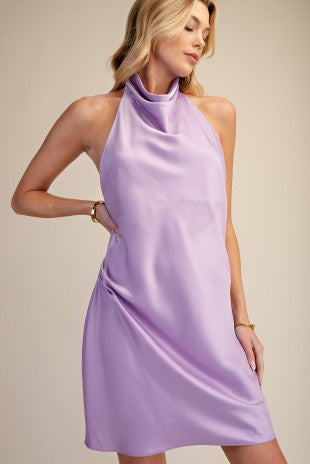 Cowl Mock Neck Sleeveless Satin Mini Dress