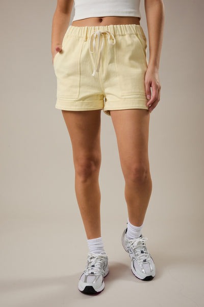 Mid Rise Elastic Waist Twill Shorts