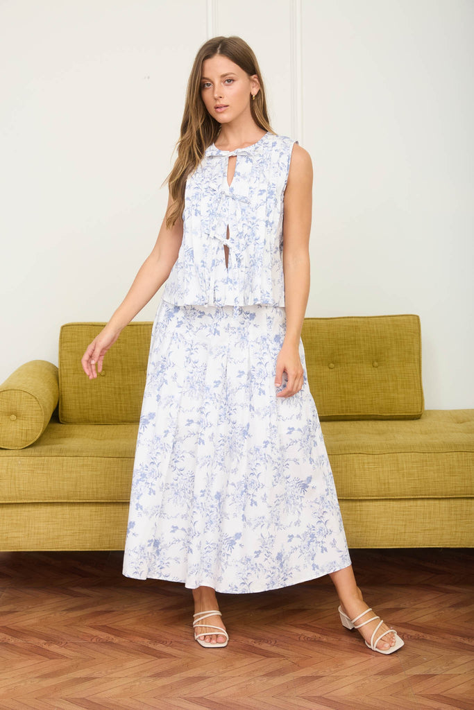 Floral Toile Sleeveless Tie Blouse & Skirt Set