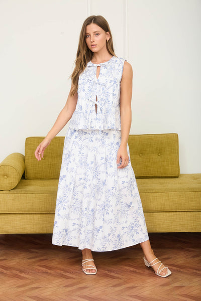 Floral Toile Sleeveless Tie Blouse & Skirt Set