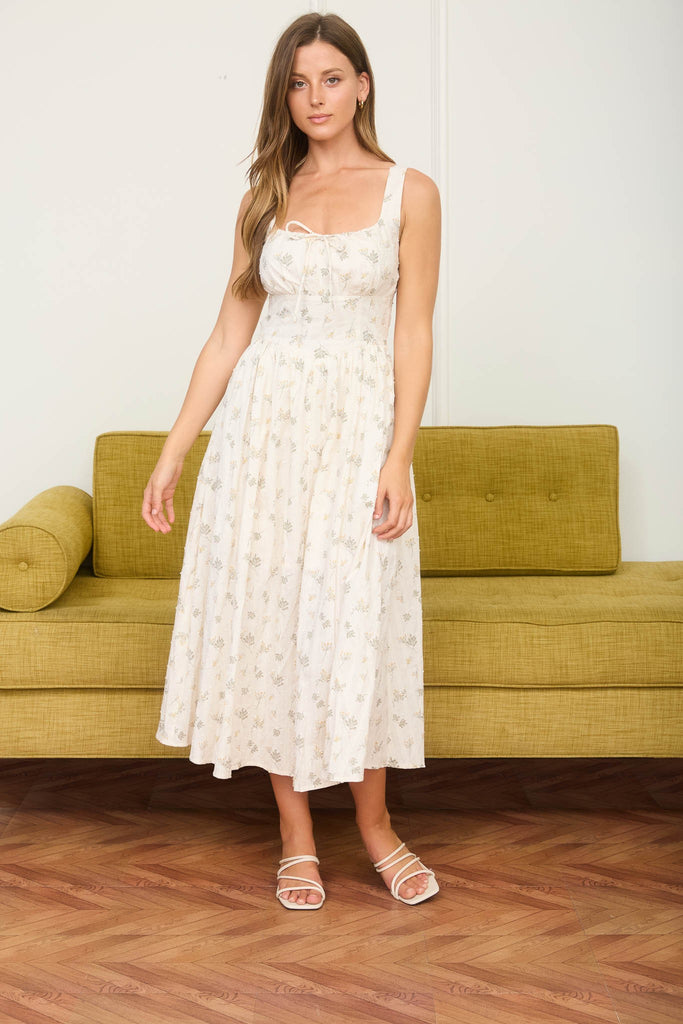 Floral Clip Dot Front Tie Midi Dress