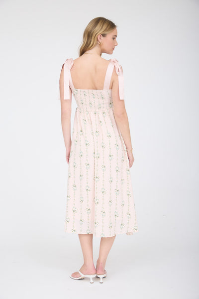 Stripe Floral Tie Strap Corset Midi Dress