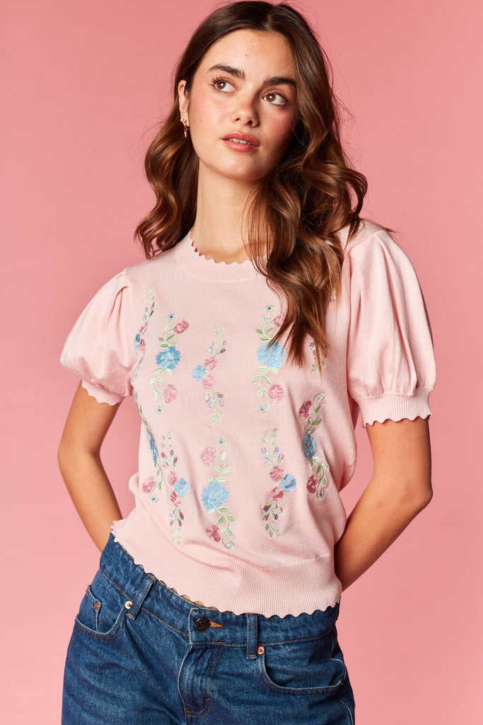 Floral Embroidery Puff Sleeve Knit Top