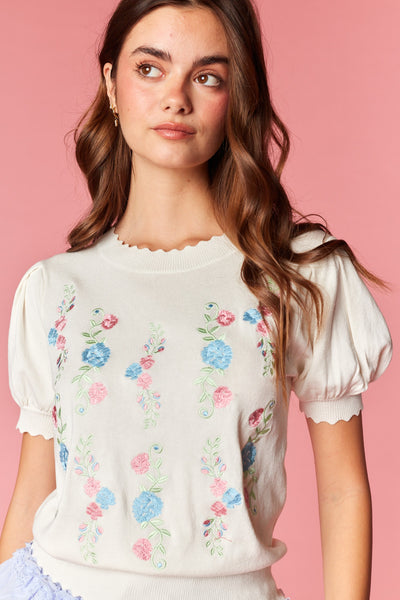 Floral Embroidery Puff Sleeve Knit Top