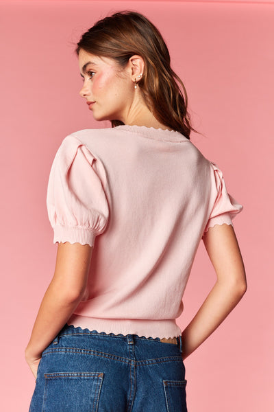 Floral Embroidery Puff Sleeve Knit Top