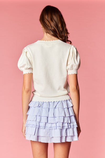 Floral Embroidery Puff Sleeve Knit Top