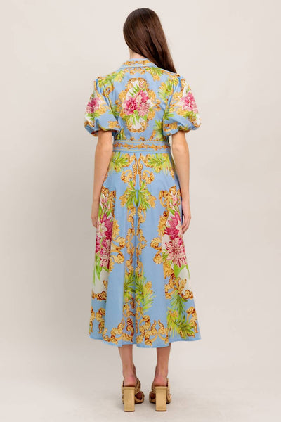 Printed Woven Puff Sleeve Midi Dress