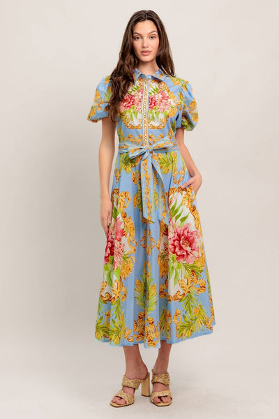 Printed Woven Puff Sleeve Midi Dress