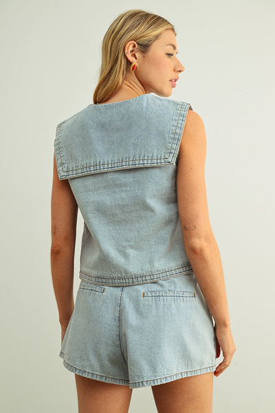 Button Front Denim Top & Shorts Set