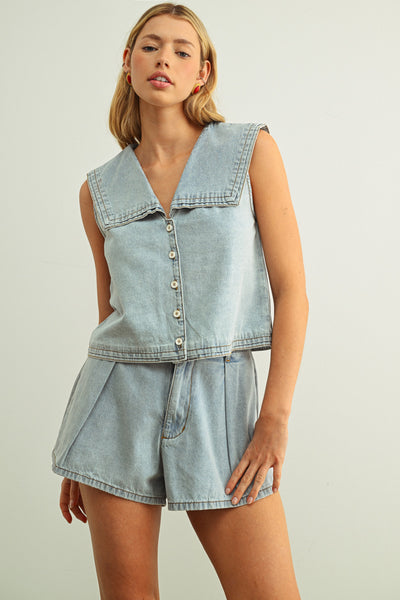 Button Front Denim Top & Shorts Set