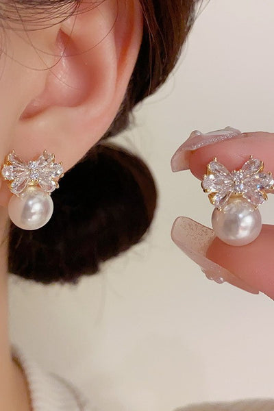 Pearl & Crystal Bow Drop Earrings