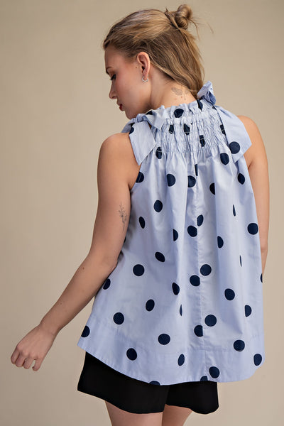 Tie Strap Smocked Polka Dot Top