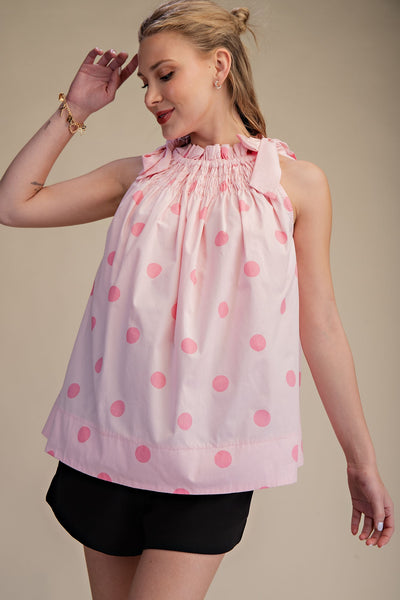 Tie Strap Smocked Polka Dot Top