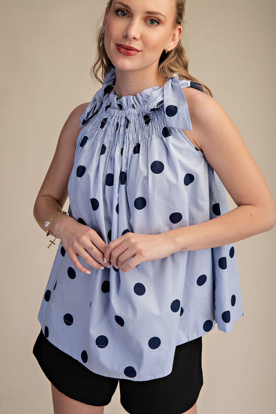 Tie Strap Smocked Polka Dot Top