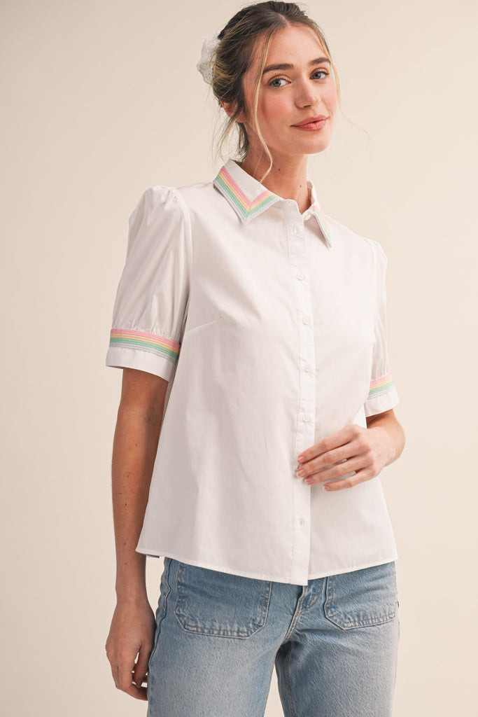 Button Down Top With Pastel Rainbow Trim