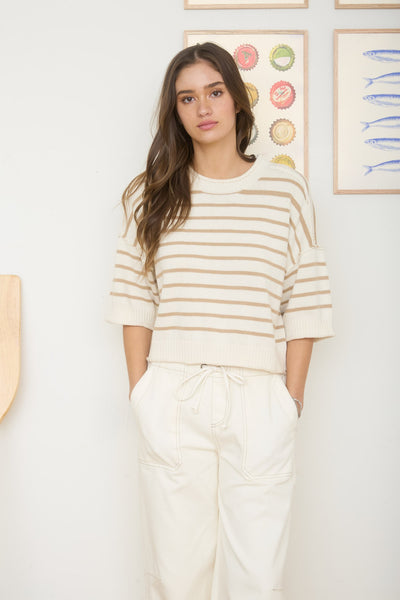 Stripe Raw Edge Short Sleeve Sweater