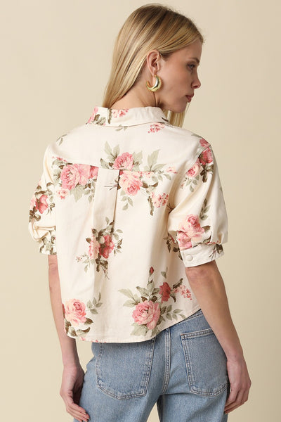 Floral Puff-Sleeve Button Top