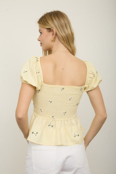 Floral Embroidery Puff Sleeve Top