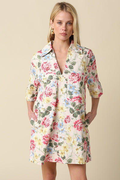 Floral Collared V-Neck Dress