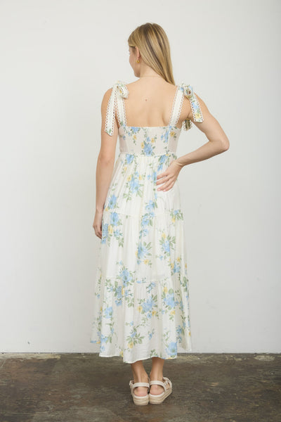 Floral Tie Strap W/ Scallop Lace Trim Midi Dress