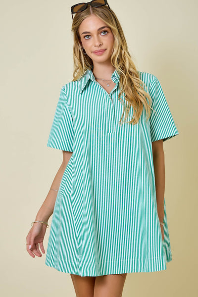 Striped Short Sleeve A-Line Shirt Dress