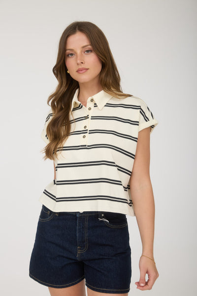 Stripe Collared Short Sleeve Boxy Top