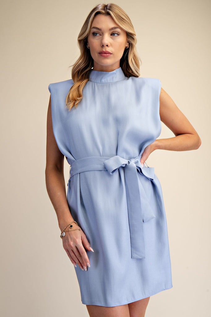 Mock Neck Shoulder Padded Satin Dress