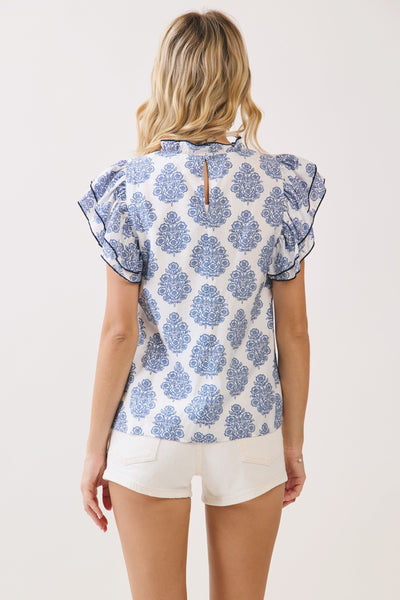 Printed Contrast Trim Ruffle Sleeve Top