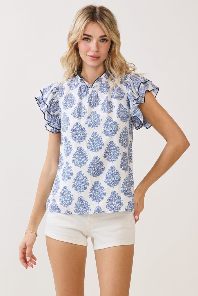 Printed Contrast Trim Ruffle Sleeve Top