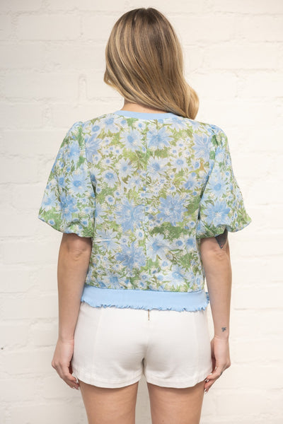 Ribbed Knit Band Floral Embroidered Top