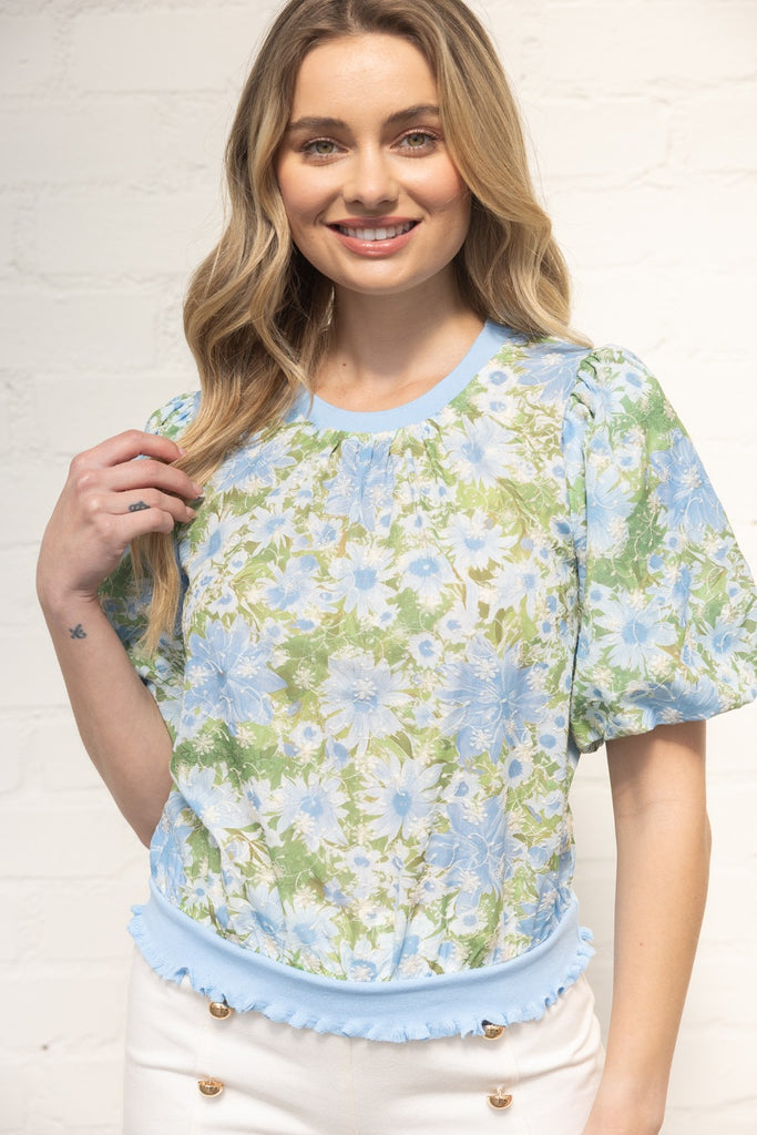Ribbed Knit Band Floral Embroidered Top
