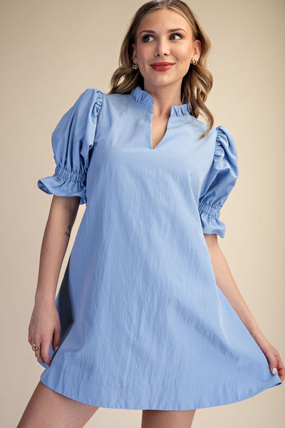 Ruffle V-Neck Puff Sleeve Mini Dress