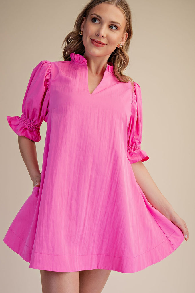 Ruffle V-Neck Puff Sleeve Mini Dress